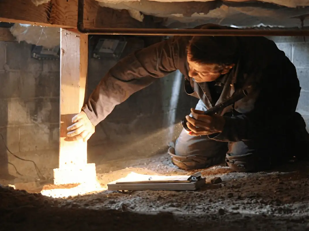 A professional inspecting wooden beams under the floor of a structure in New Haven, CT
