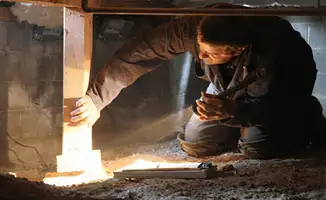 A professional inspecting wooden beams under the floor of a structure in New Haven, CT